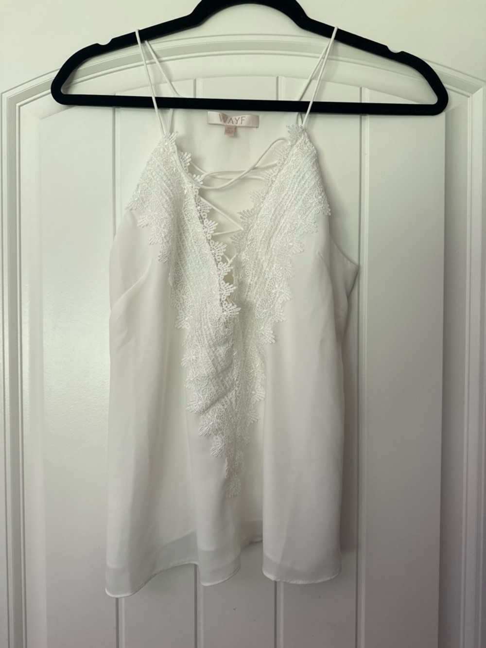 Wayf White Lace-Trim Crisscross V-Neck Top